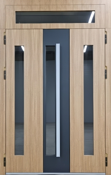 Полуторная современная термодверь с узкими стеклопакетами, бугельной ручкой и двухцветными плитами МДФ Полуторная современная термодверь с узкими стеклопакетами, бугельной ручкой и двухцветными плитами МДФ